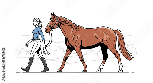 Woman walking brown horse slowly outside.