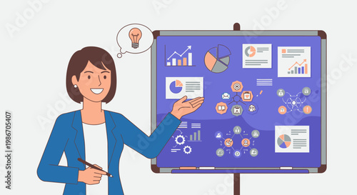 Woman presenting business data charts.