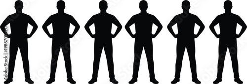 Confident male silhouettes standing pose set, hands on hips vector illustration, strong leader character collection