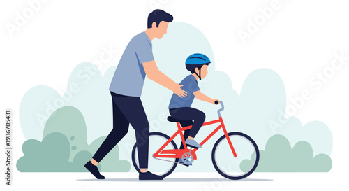 Father teaching his child to ride a bicycle in a park on a sunny day