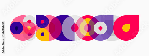 Abstract colorful shapes overlap, creating playful design. Circles, ovals dominate composition. Bright hues attract attention.