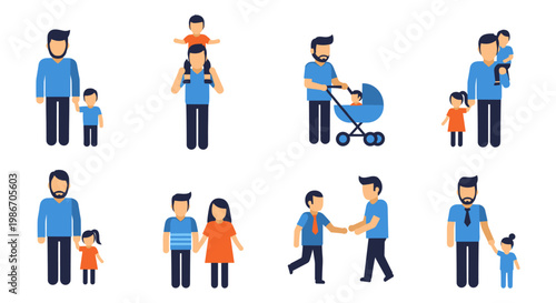 Illustrated family scenes with parents and children in various activities and interactions