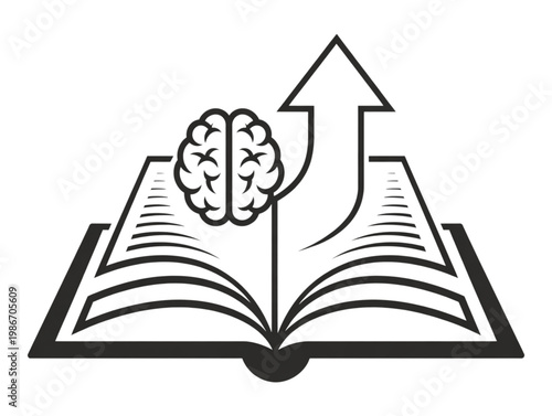 Open book with human brain and upward arrow, representing mental growth and educational progress