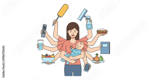 Illustration of a woman multitasking with many arms holding different objects
