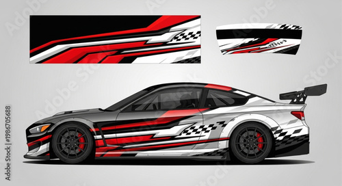 Sport Car with Red and White Racing Graphics Wrap.