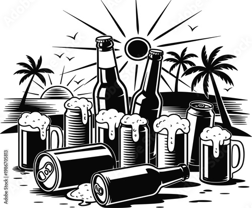 Beer bottles and mugs beach scene illustration, tropical party vector design, summer alcohol drink celebration concept