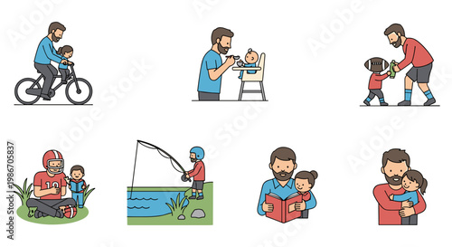 Collection of pixel art illustrations depicting various father and child activities