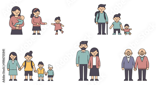 Diverse families with children in various activities, illustrating family bonds and happiness
