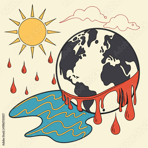 Earth bleeding red liquid under sun with blood drops, symbolizing pollution