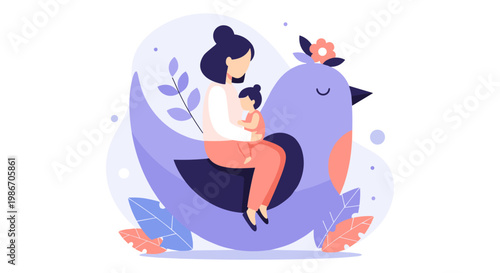 Mother and child sitting on a bird with flowers, illustration of love and care
