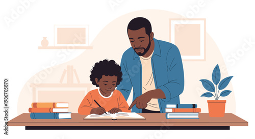 Father helping son with homework at home, focused and happy family moment