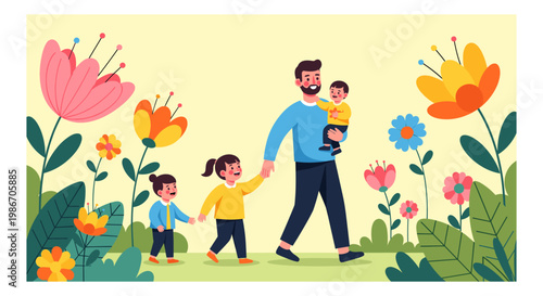 Happy family with two children walking in a vibrant garden full of colorful flowers