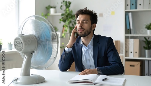 A man in a suit sitting at a desk with a fan