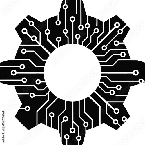 Black circuit board design with white lines and circles isolated on transparent background