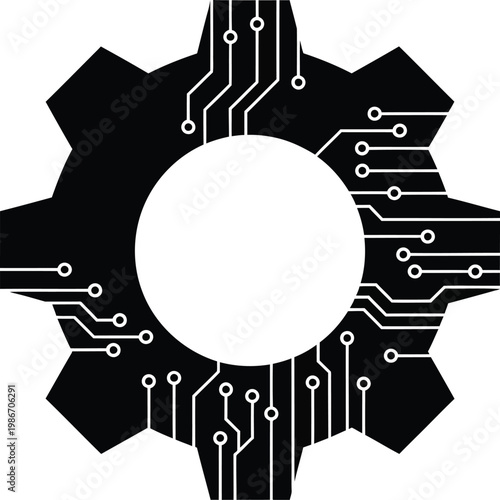 Black gear with white circuit board design and round hole in center