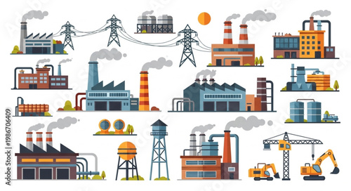 Collection of Industrial Factory Buildings and Power Lines.