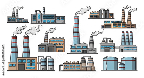 Collection of Industrial Factory Buildings with Smoke Stacks.