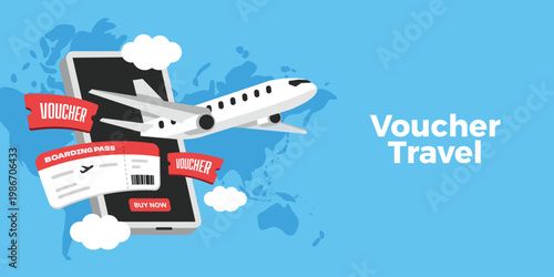Travel airplane pop up from phone with voucher and boarding pass. Voucher vacation concept design for promotion.