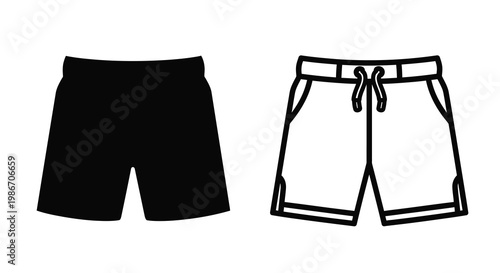 Two pairs of shorts are displayed one solid black and one outlined in white