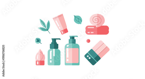 This flat vector illustration showcases a collection of spa and skincare essentials like lotions, towels, and leaves in soft pink and teal hues.