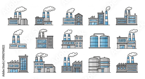 Collection of Industrial Factory Buildings with Smoke Stacks.
