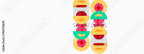 Abstract geometric shapes, colorful circles, lines. Minimalist design, modern aesthetic, simple composition. Bright hues, flat illustration.