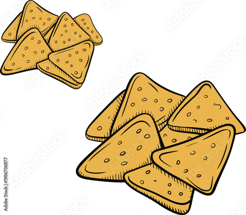 Tortilla chips snack illustration, crispy triangular nachos vector design, delicious food appetizer collection for menu branding