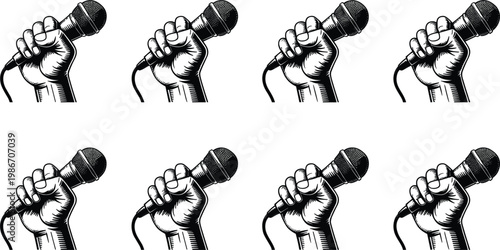 Hand holding microphone illustration set, vintage engraving style vector design, music performance voice recording concept collection