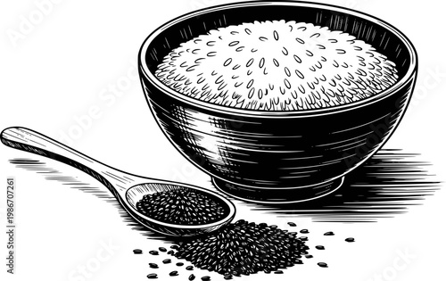 Black sesame seeds in wooden spoon and bowl, hand-drawn style