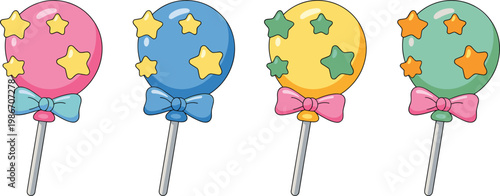 Cute lollipop candy set with stars and bows, colorful sweets vector illustration for kids dessert