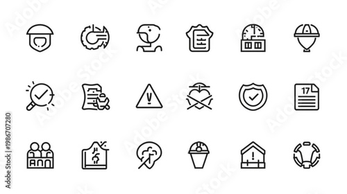 A collection of line art icons representing business and security concepts