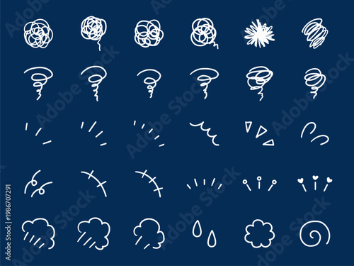 手書きの飾りイラストのベクターイラストセット。手描き、集中線、モヤモヤ、注目