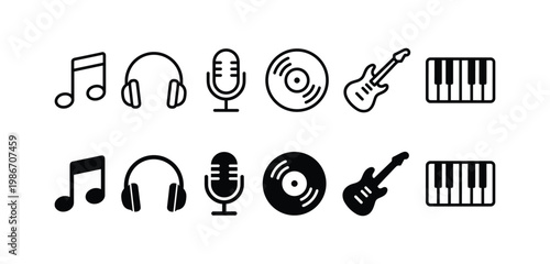 Music Icon Set with Note, Headphones, Microphone, Vinyl Disc, Electric Guitar, Piano Keys – Line and Solid Style