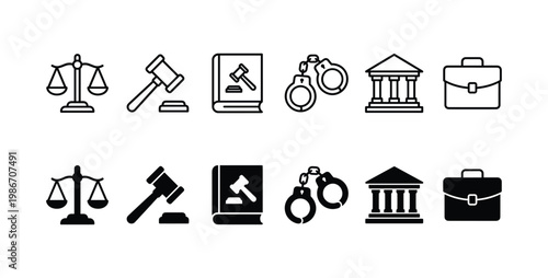 Law and Justice Icon Set with Scales, Gavel, Law Book, Handcuffs, Courthouse, Briefcase – Line and Solid Style