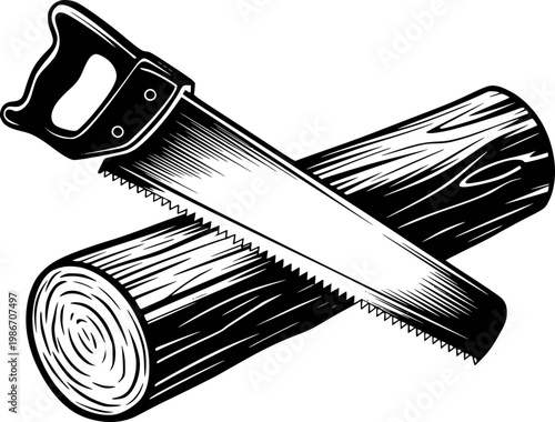 Vintage hand saw cutting through wood logs, black and white tool