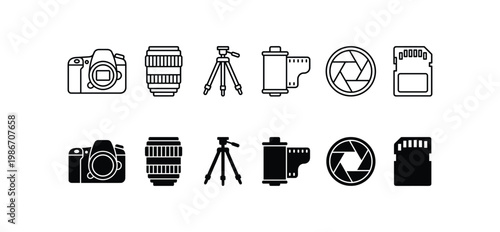 Photography Icon Set with DSLR Camera, Lens, Tripod, Film Roll, Aperture, SD Card – Line and Solid Style