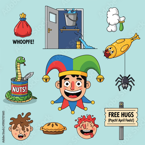 A colorful cartoon illustration of a jester and prank items
