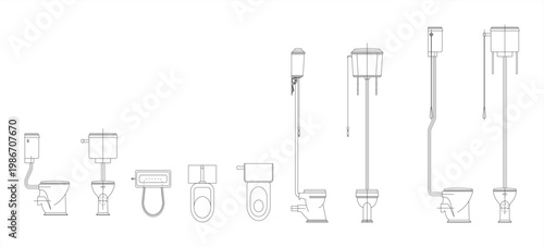 High Tank Toilet Vector Illustration – Clean CAD-Style Isolated on White Background, EPS 10