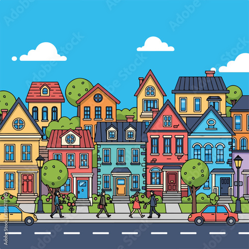 A colorful cartoon illustration of a suburban street scene