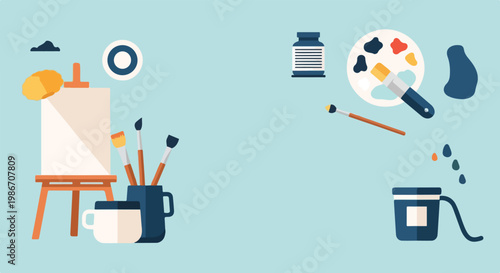 A creative flat vector illustration featuring a wooden easel with a blank canvas, paintbrushes in jars, and a color palette on a blue background.