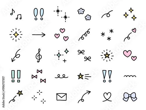 手書きの飾りイラストのベクターイラストセット。手描き、星、花、落書き、ハート、キラキラ