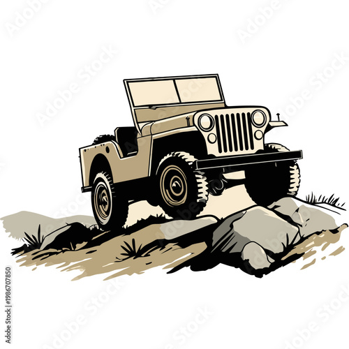 Vintage 4x4 offroad car on rocky hill climb, simple geometric shapes, clean black outline, minimal vector icon