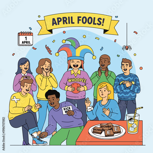 A colorful cartoon illustration of people celebrating April Fools' Day