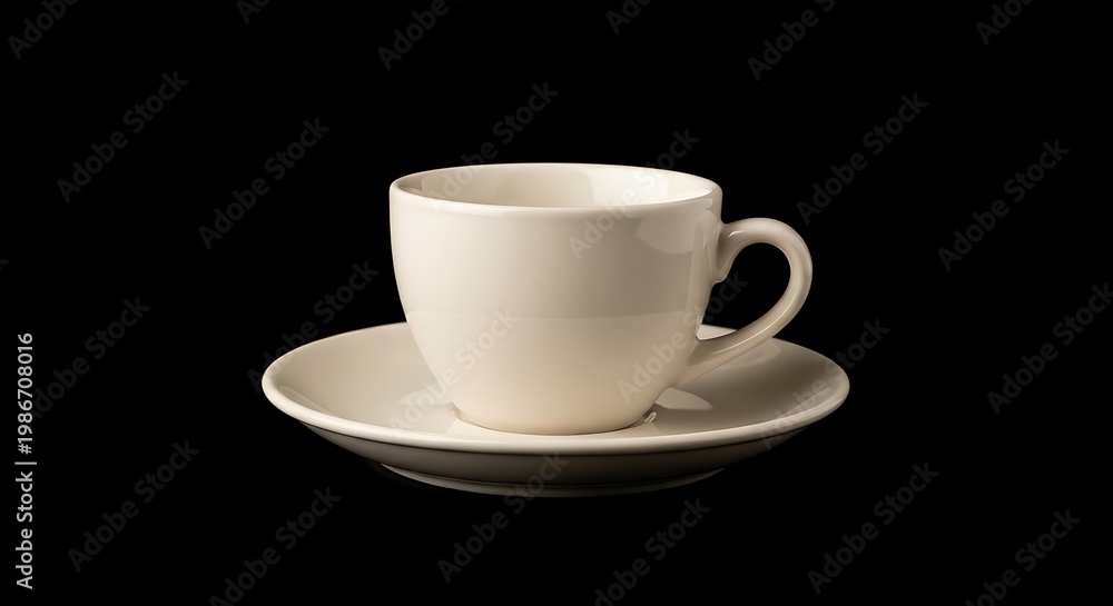 Fototapeta premium A cream-colored empty teacup and saucer set isolated against a stark black background