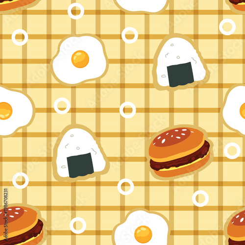 cute food seamless pattern with onigiri fried egg hamburger playful breakfast background design