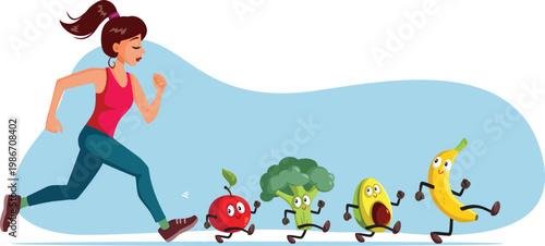 Running Woman Chasing Healthy Lifestyle Vector Illustration. Cheerful girl being active and eating health conscious 