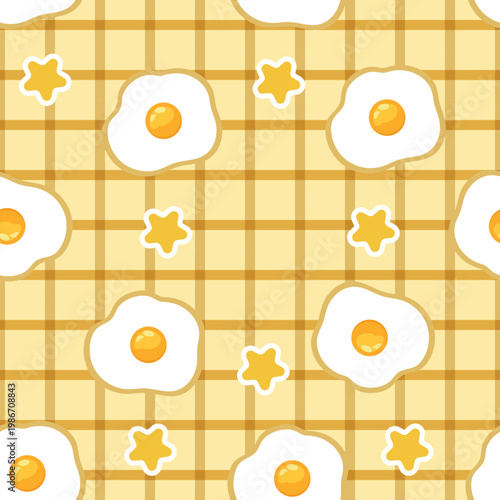 fried egg seamless pattern cute breakfast food illustration plaid background kitchen textile design repeating wallpaper
