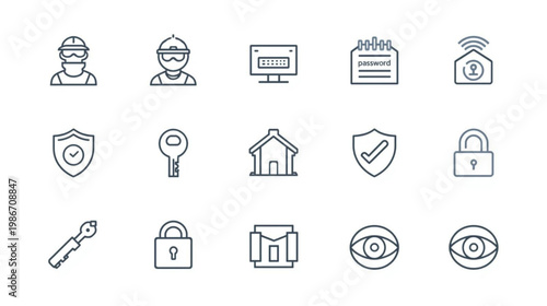 A set of security icons including locks, shields, and surveillance symbols