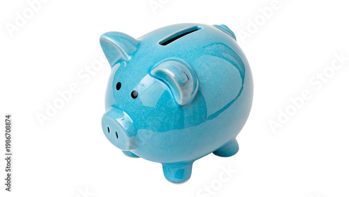 Bright blue piggy bank isolated on transparent background cut out