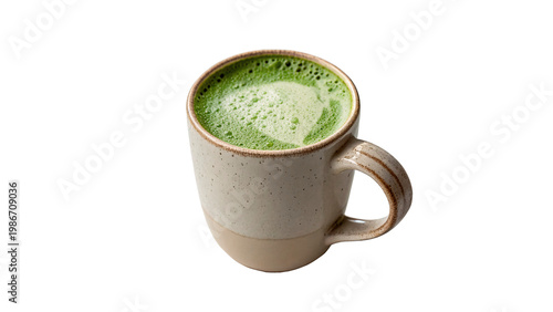 Matcha drink in a ceramic cup with foam on top isolated on transparent background cut out